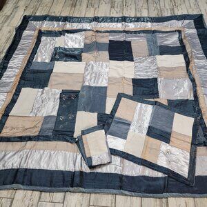 Quilt King Size 100 X 90 Two Shams Blue Patchwork Embroidered Flowers